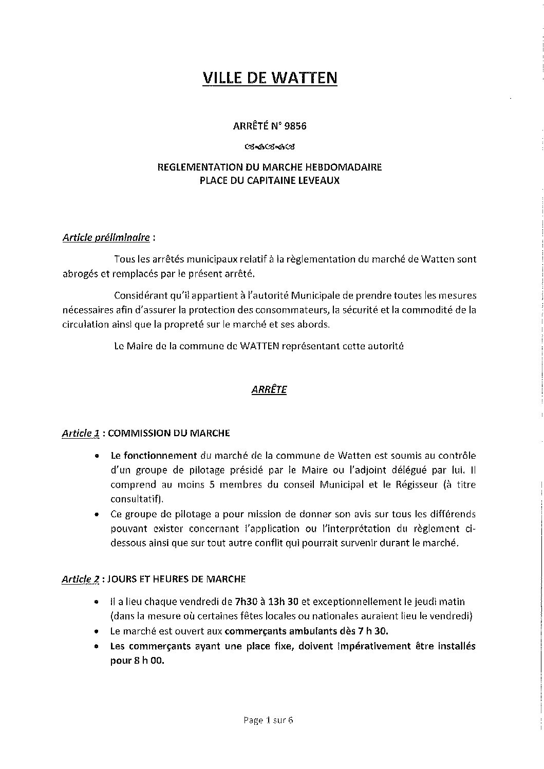 9856 arrêté du 09-06-2023 réglementation du marché hebdomadaire place Leveaux