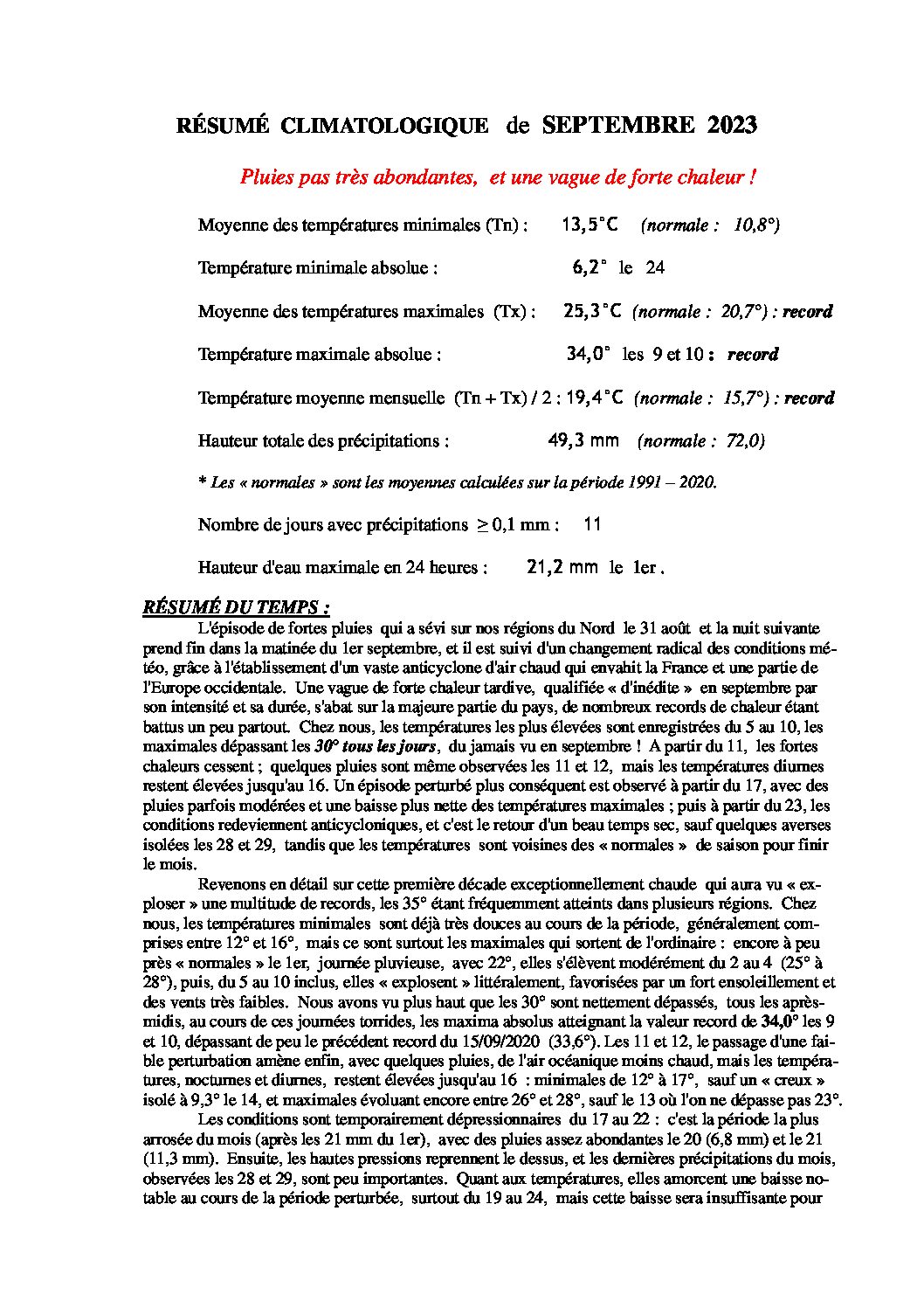 Résumé climatologique de septembre 2023 à Watten