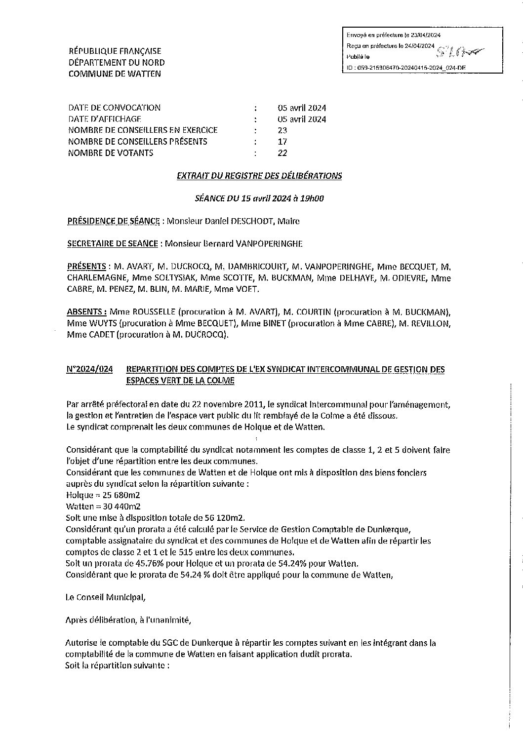 2024-024 Répartition comptes ex-syndicat intercommunal espaces verts de la Colme