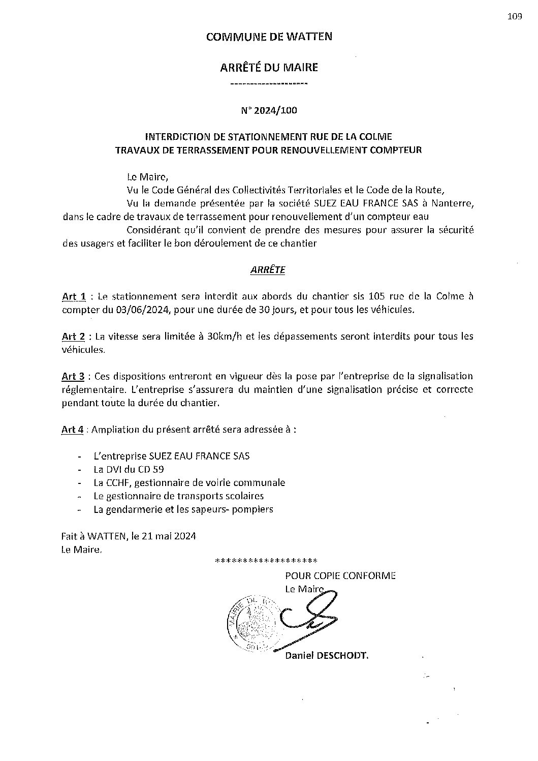 2024-100 arrêté du 21-05-2024 interdiction stationnement rue de la Colme renouvellement compteur SUEZ