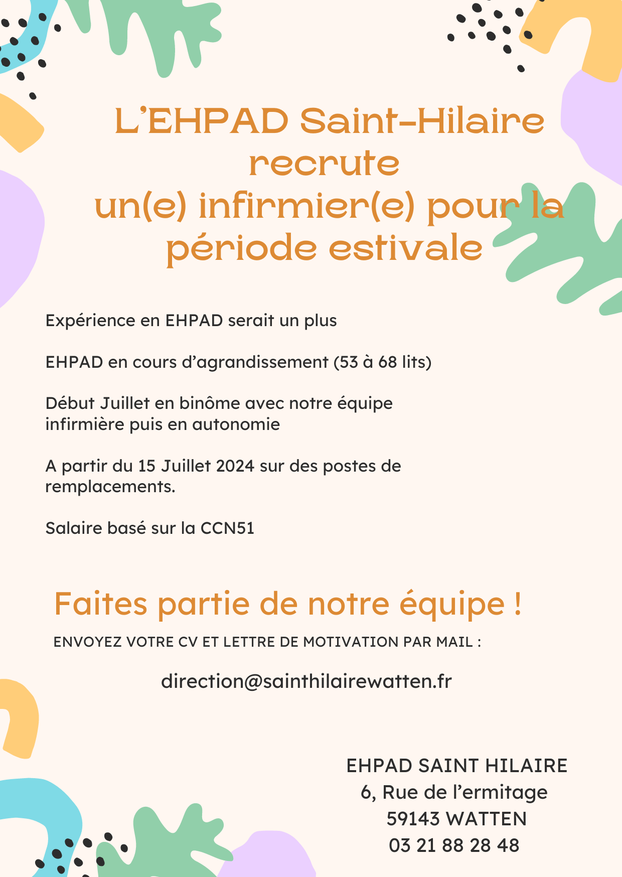 L’EHPAD Saint-Hilaire recrute un(e) infirmier(e) pour la période estivale