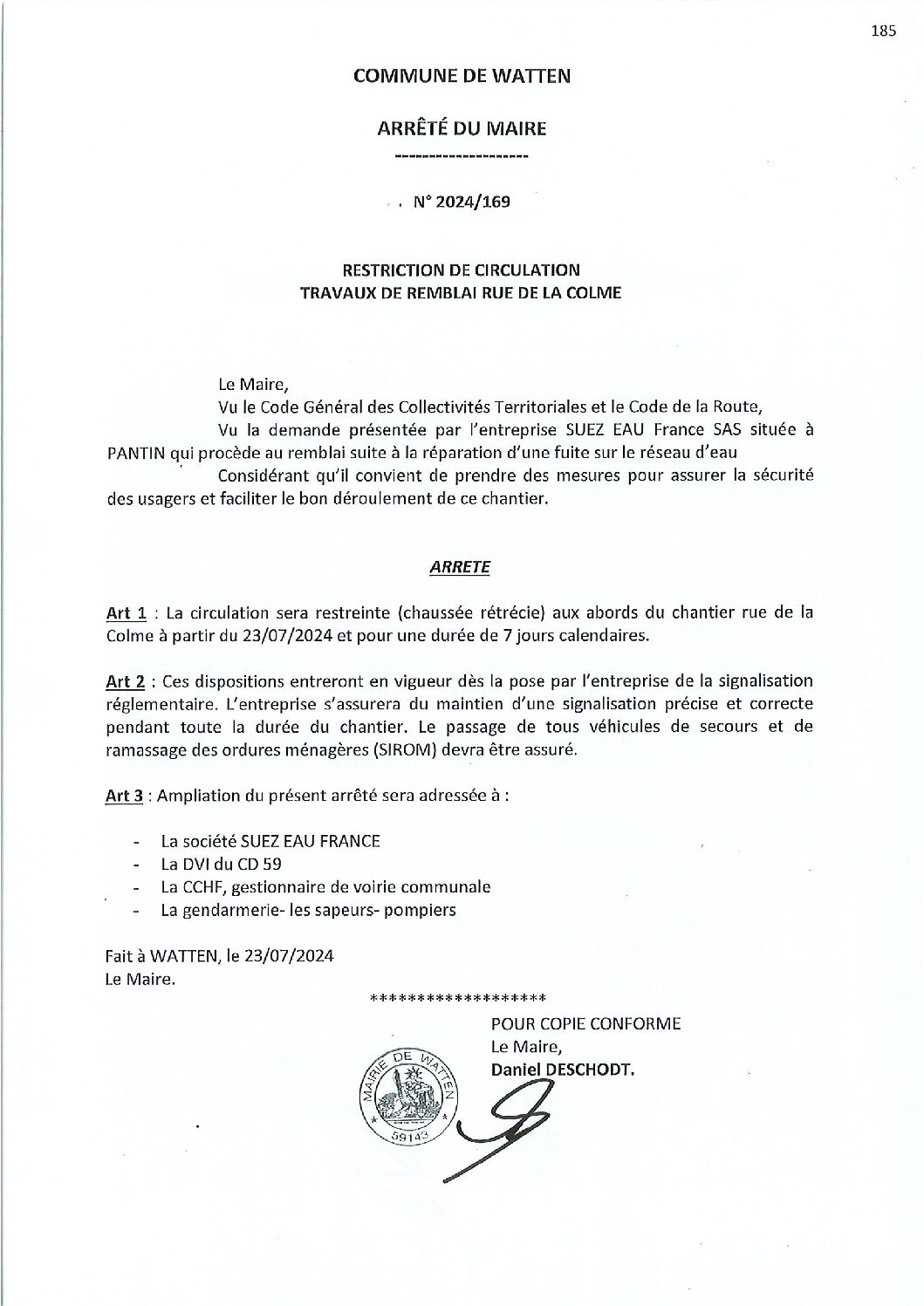 2024-169 arrêté du 23-07-2024 restriction circulation rue de la Colme travaux remblai