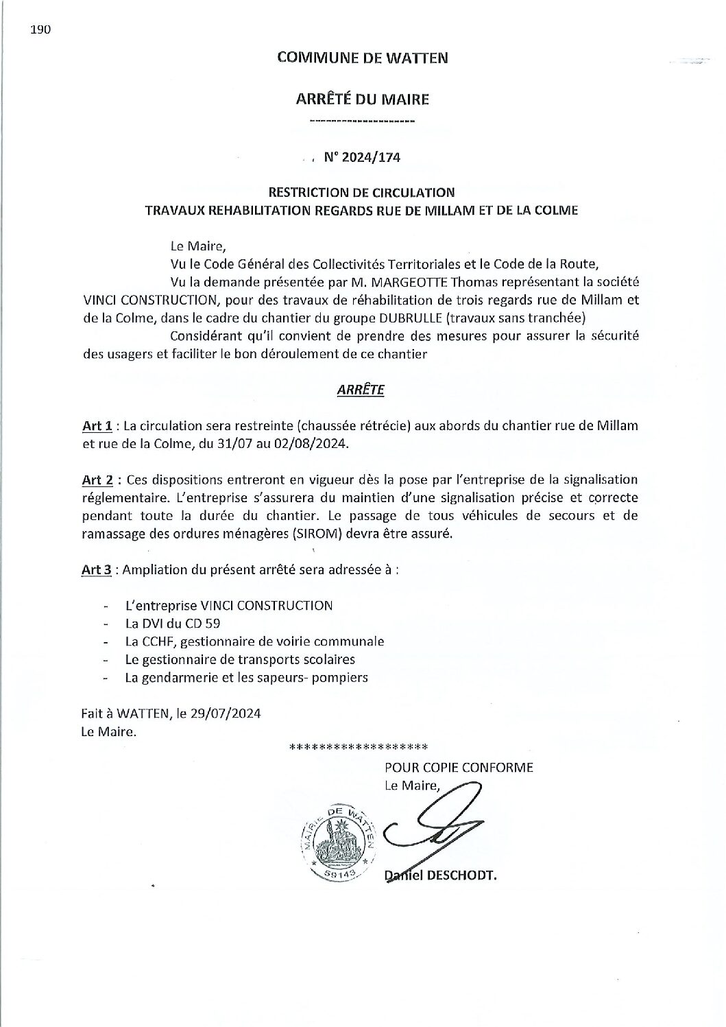2024-174 arrêté du 29-07-2024 restriction circulation rue de Millam et de la Colme travaux Vinci