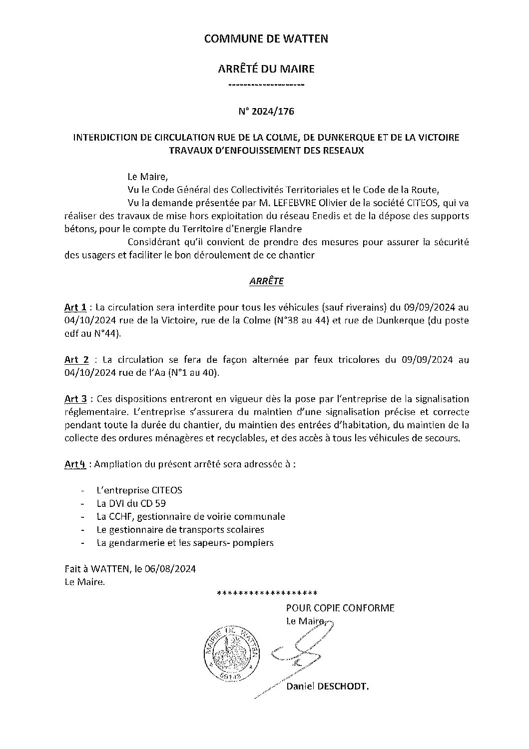 2024-176 arrêté du 06-08-2024 interdiction circulation rues Colme, Dkque, Victoire enfouissement réseaux