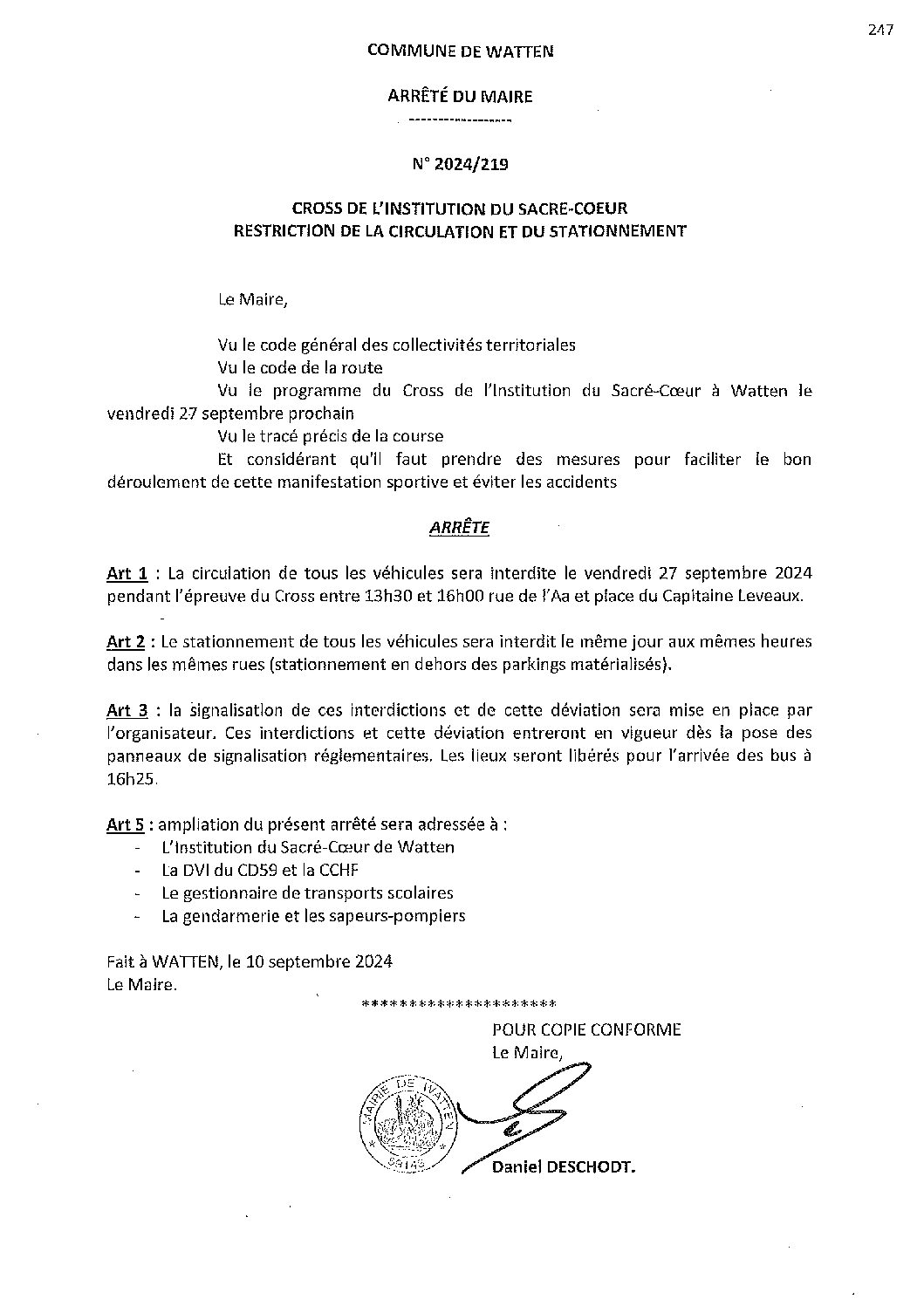 2024-219 arrêté du 10-09-2024 restriction circulation stationnement Cross du Sacré-Coeur