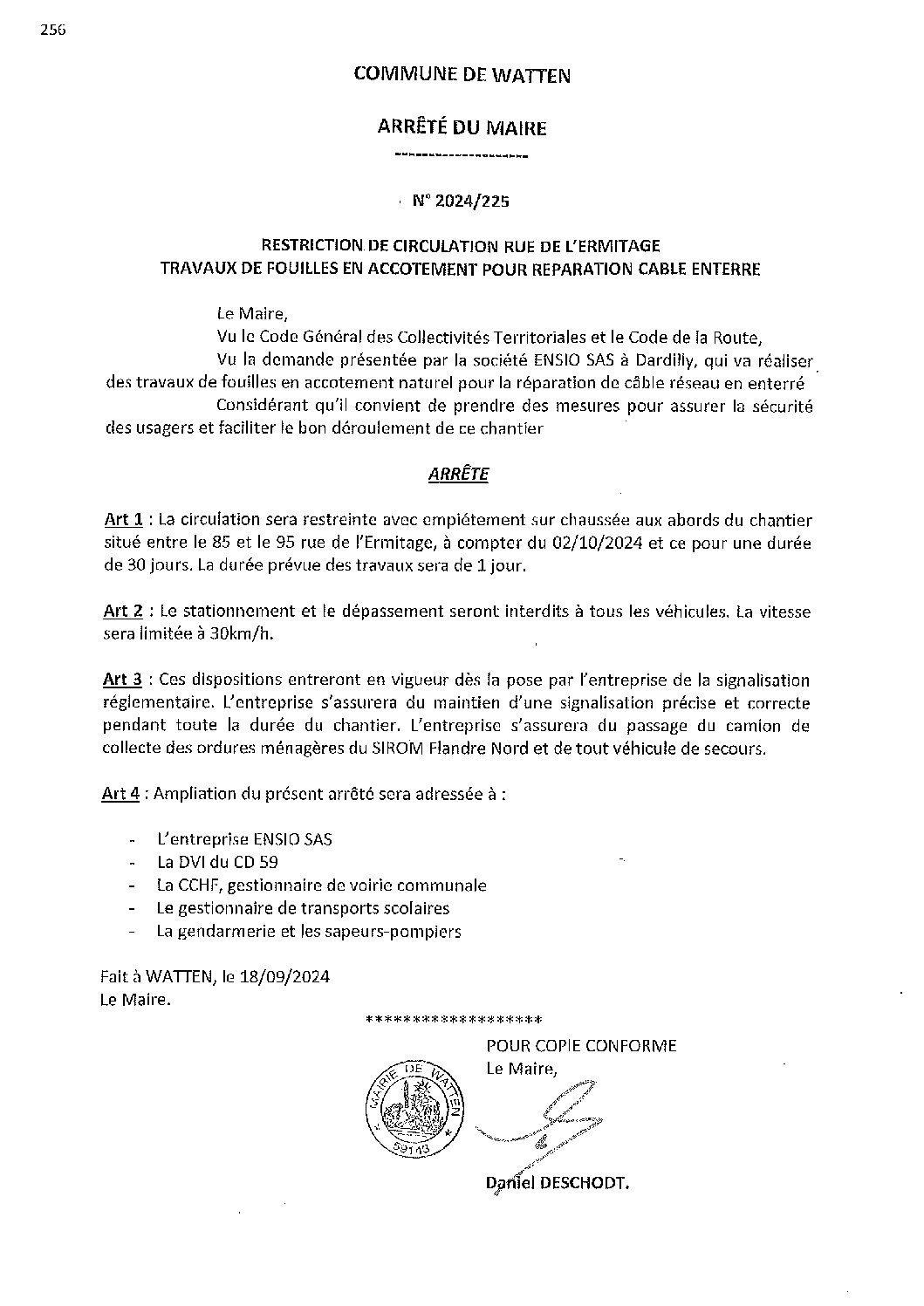 2024-225 arrêté du 18-09-2024 restriction circulation rue de l’Ermitage fouille accotement cable