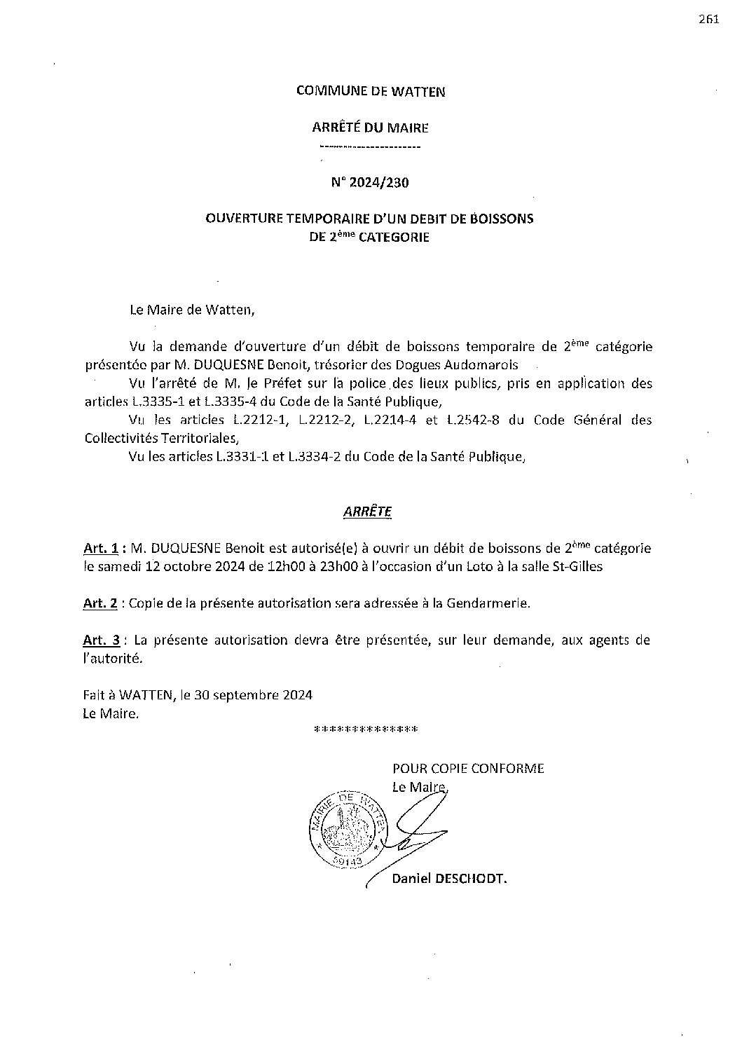 2024-230 arrêté du 30-09-2024 débit de boissons loto des Dogues Audomarois