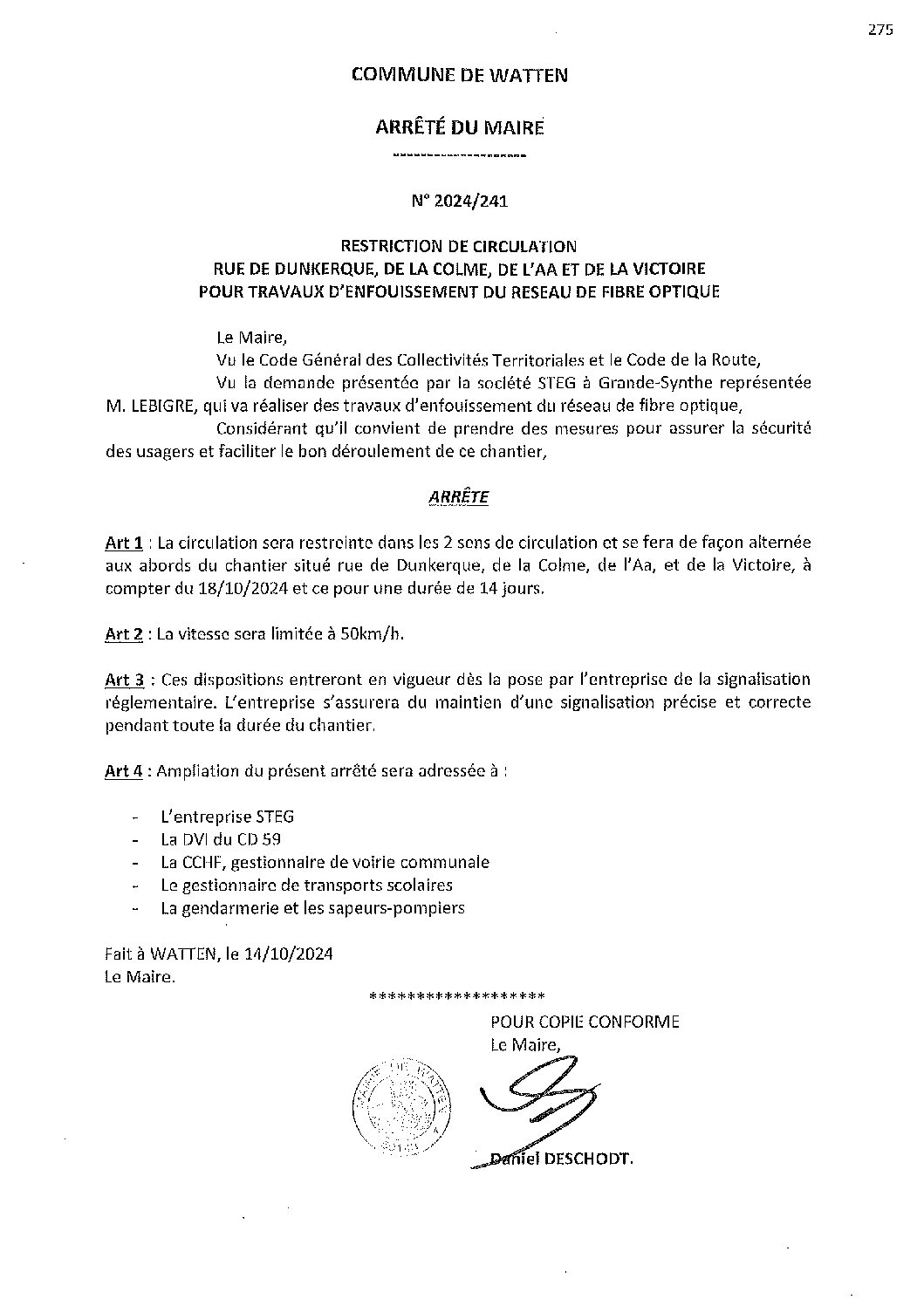 2024-241 arrêté du 14-10-2024 restriction circulation enfouissement réseau fibre