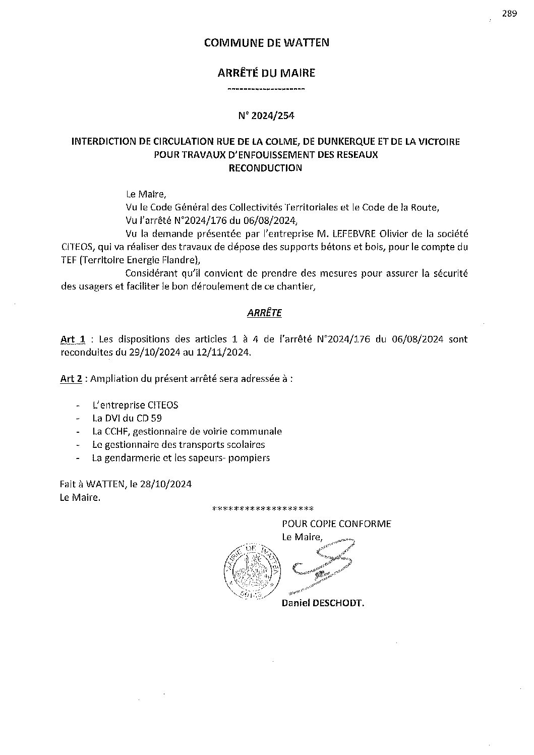 2024-254 arrêté du 28-10-2024 reconduction interdiction circulation travaux enfouissement réseaux