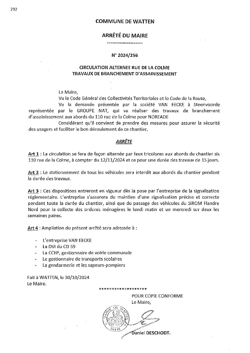 2024-256 arrêté du 30-10-2024 circulation alternée rue de la Colme travaux assainissement