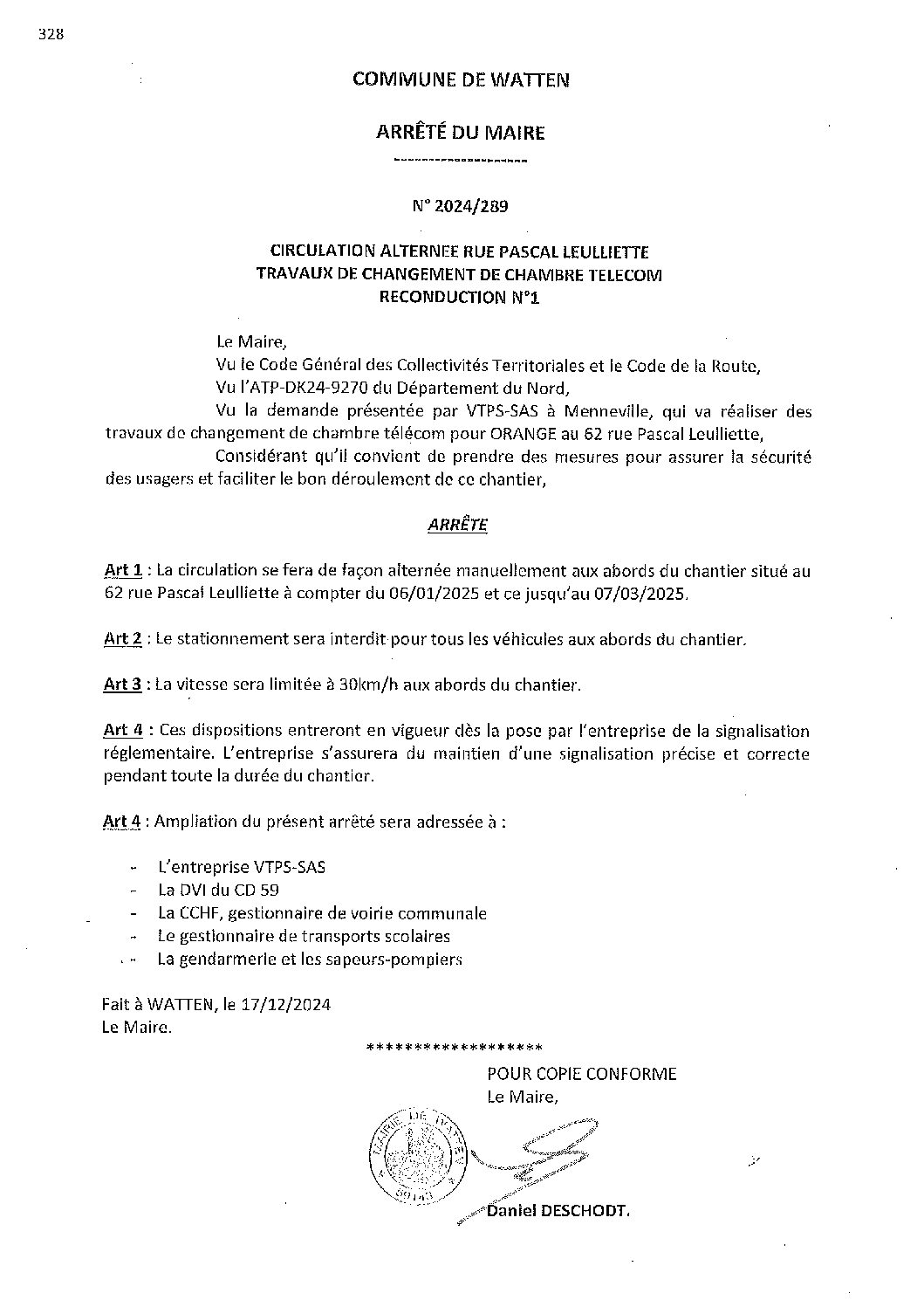 2024-289 arrêté du 17-12-2024 circulation alternée 62 rue P. Leulliette chambre Orange reconduction 1