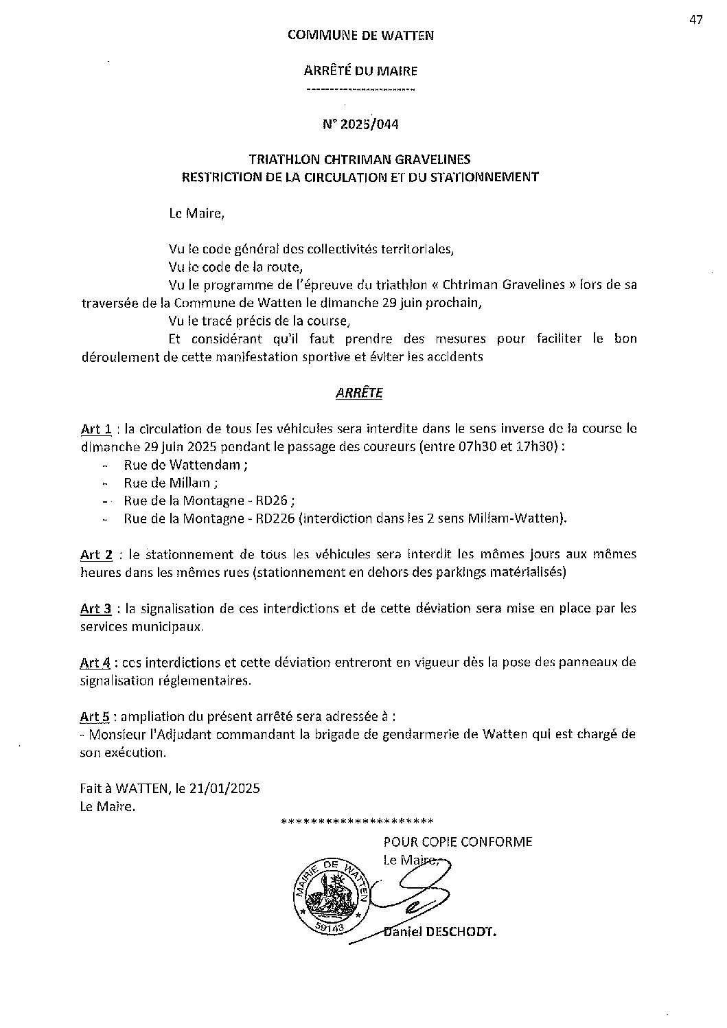 2025-044 arrêté du 21-01-2025 restrictions circulation stationnement Chtriman Gravelines