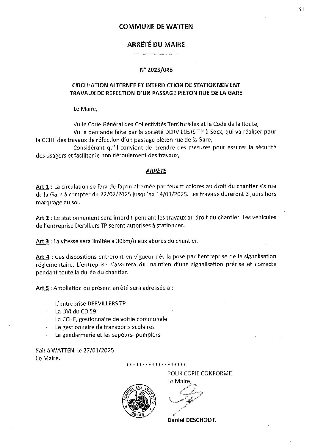2025-048 arrêté du 27-01-2025 circulation alternée réfection passage piéton rue de la Gare